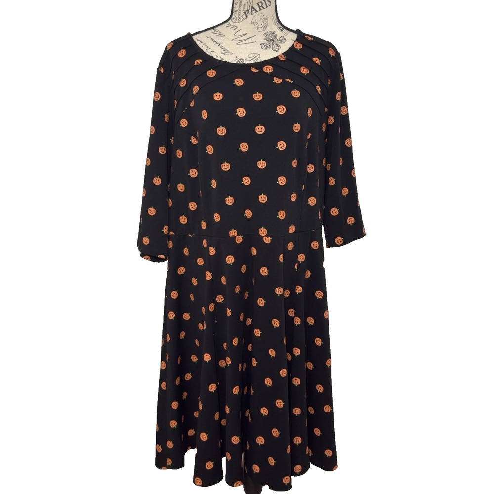 Unique Vintage Halloween Dress Sz 4X 22/24 Black Pumpkins Flare 3/4 Sleeve